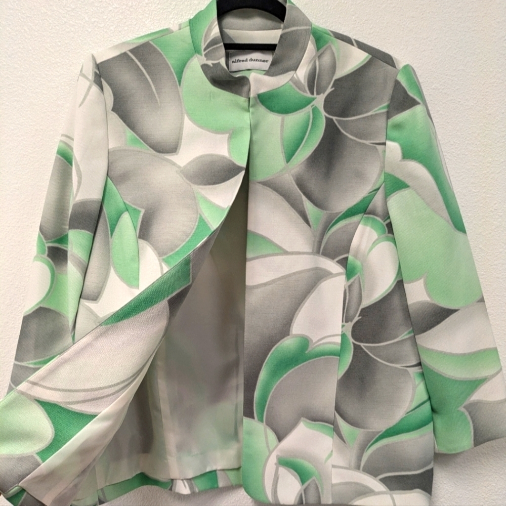 Vintage Alfred Dunner Green/White Abstract Open Blazer sz 10 Business Office - Picture 4 of 8